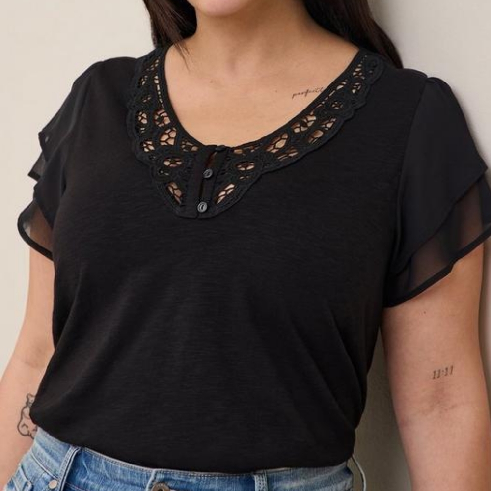 Torrid Black Super Soft Slub Crochet Inset Chiffon Flutter Sleeve Top Si…